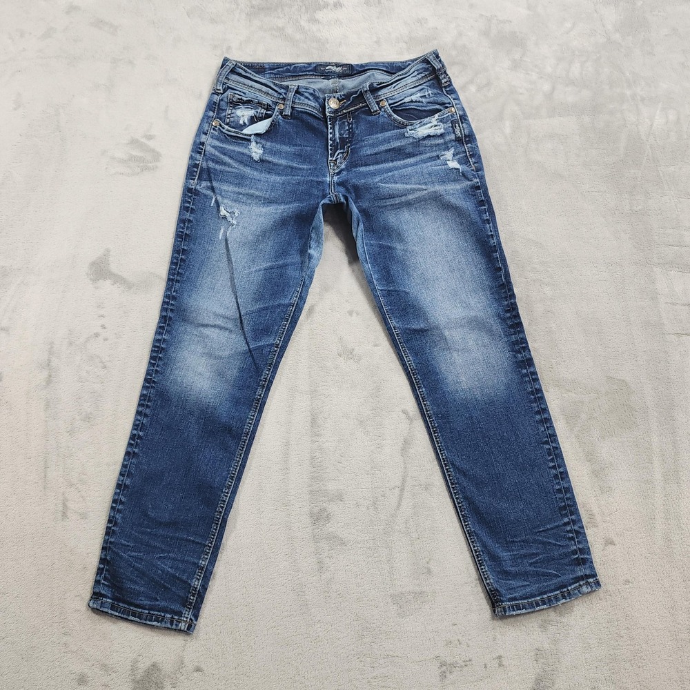 Silver Jeans Co Jeans Womens W28/L25 Blue Mid Rise Sam Skinny Crop Distressed